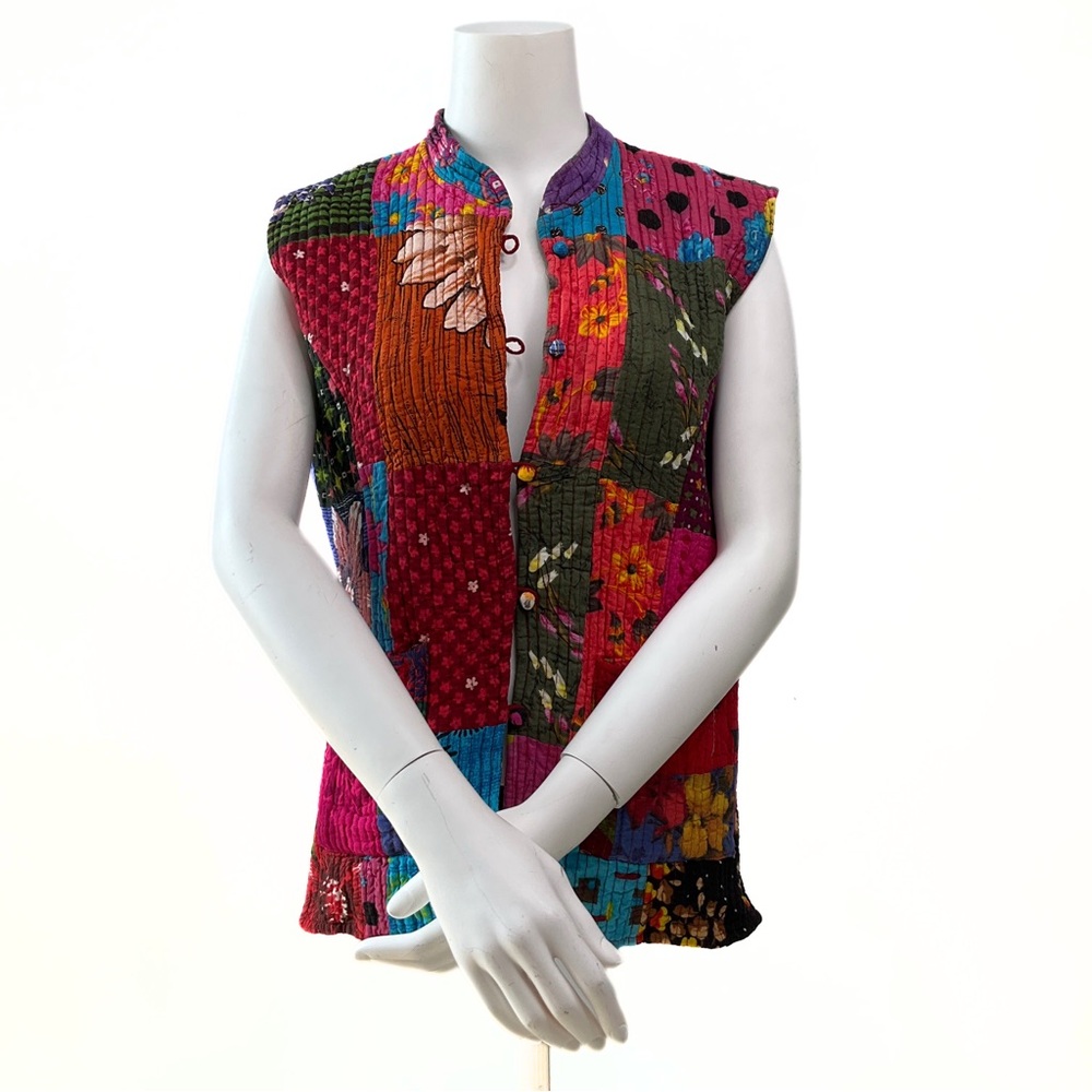 Festive Patchwork Quilted Texture Reversible Vest… - image 1